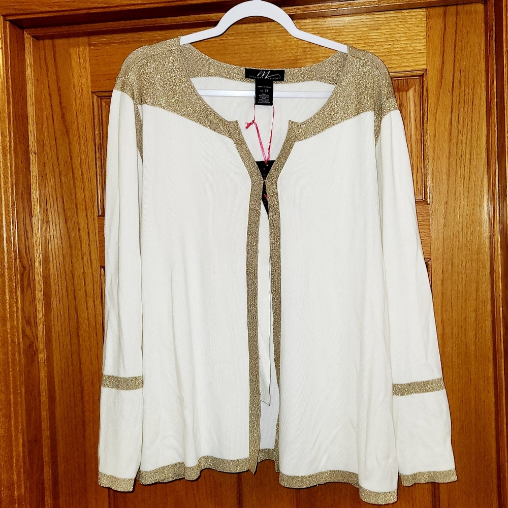 MIDNIGHT VELVET Sweater Cardigan Ivory Metallic Gold Contrast PLUS 2X Holiday